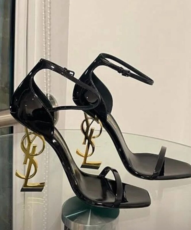 YSL Logo-Heel Sandals in gold hardware
