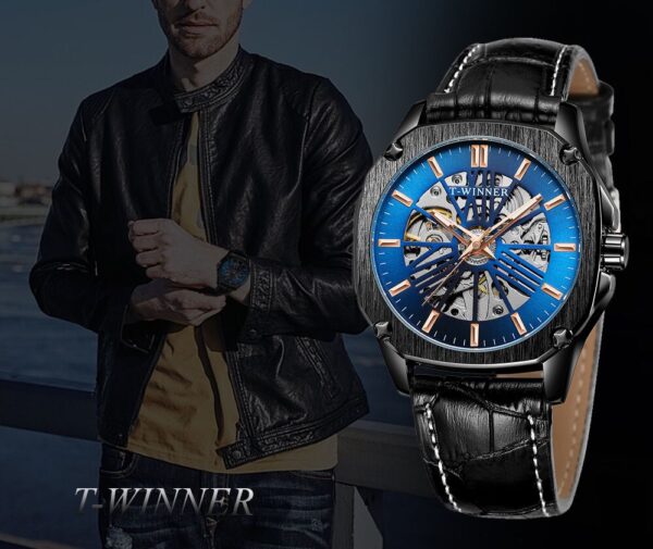 Shop original T-WINNER men's watch featuring a square skeleton dial, automatic movement, and premium leather strap