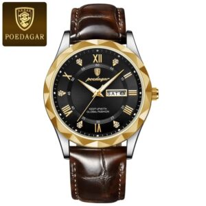 POEDAGAR Original Leather Watch – Stylish Day & Date Watch for Men