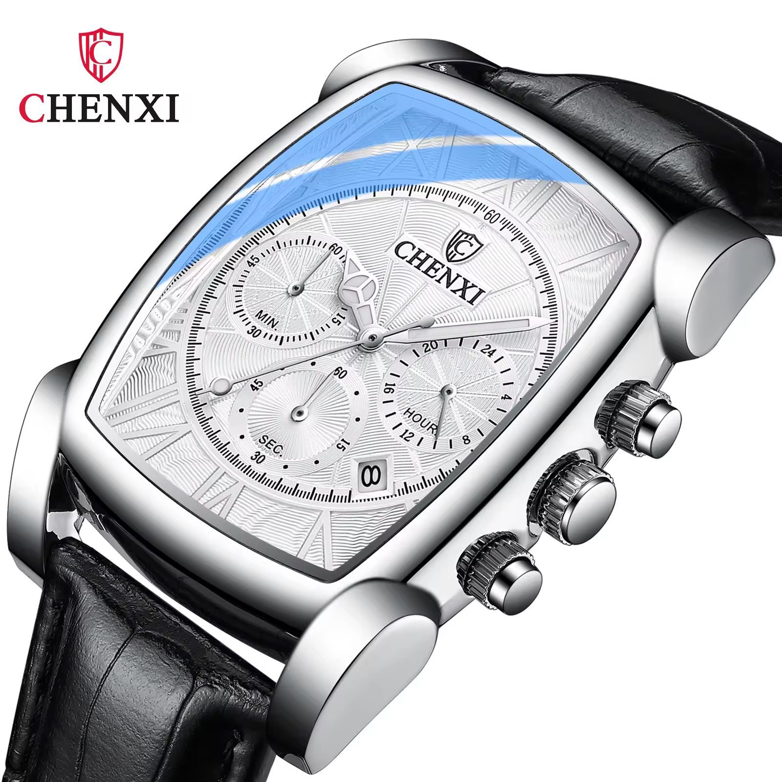 CHENXI Original Rectangle Dial Chronograph Watch Black Leather Strap by Shop2Door Store