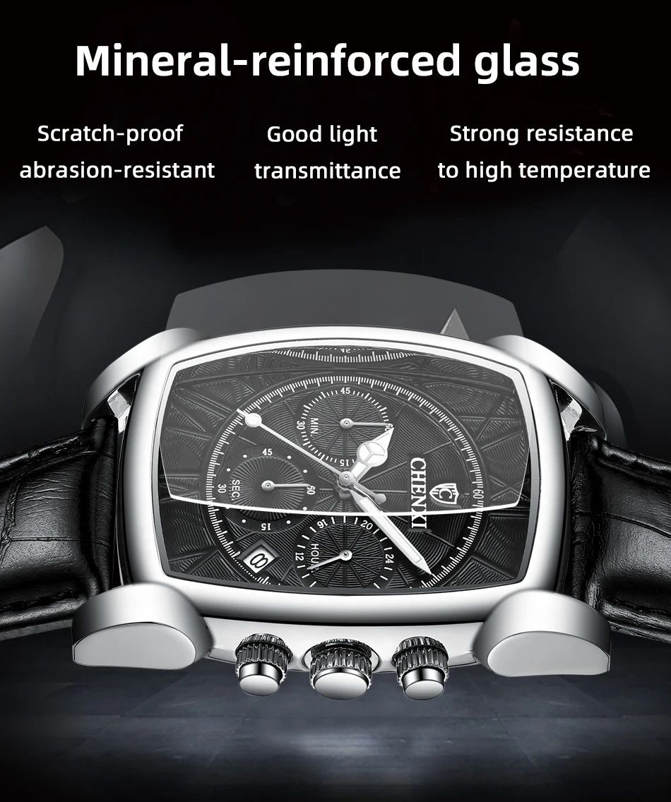 CHENXI Original Rectangle Dial Chronograph Watch Black Leather Strap by Shop2Door Store