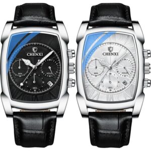 CHENXI Original Rectangle Dial Chronograph Watch Black Leather Strap by Shop2Door Store