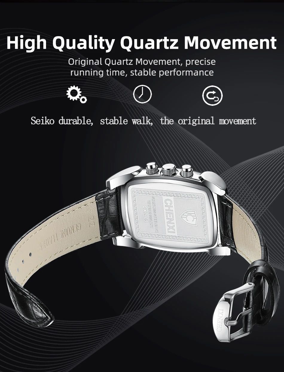 CHENXI Original Rectangle Dial Chronograph Watch Black Leather Strap by Shop2Door Store