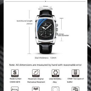 CHENXI Original Rectangle Dial Chronograph Watch Black Leather Strap by Shop2Door Store