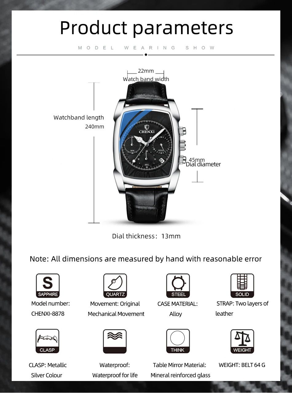 CHENXI Original Rectangle Dial Chronograph Watch Black Leather Strap by Shop2Door Store