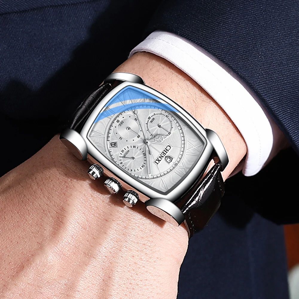 CHENXI Original Rectangle Dial Chronograph Watch Black Leather Strap by Shop2Door Store