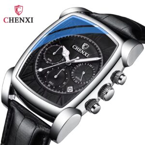 CHENXI Original Rectangle Dial Chronograph Watch Black Leather Strap by Shop2Door Store