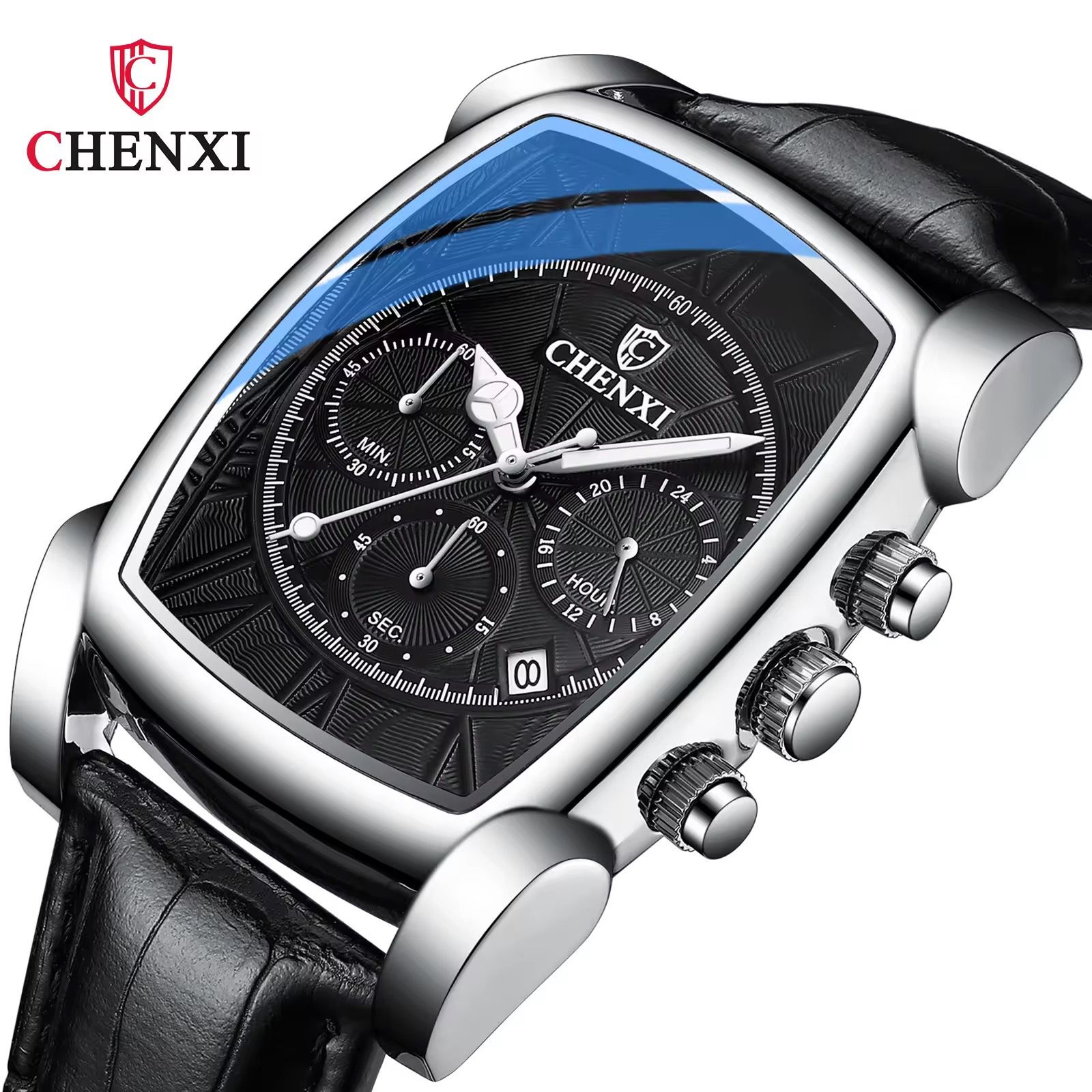 CHENXI Original Rectangle Dial Chronograph Watch Black Leather Strap by Shop2Door Store