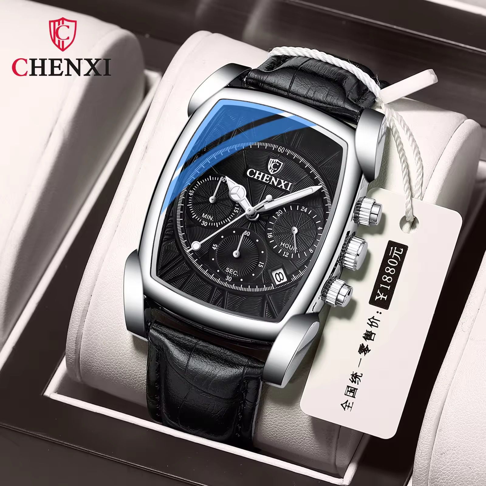 CHENXI Original Rectangle Dial Chronograph Watch Black Leather Strap by Shop2Door Store