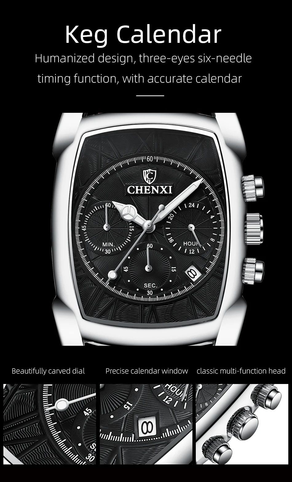 CHENXI Original Rectangle Dial Chronograph Watch Black Leather Strap by Shop2Door Store