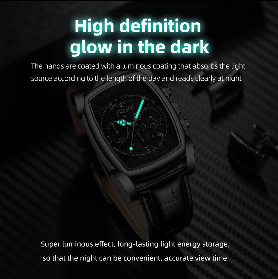 CHENXI Original Rectangle Dial Chronograph Watch Black Leather Strap by Shop2Door Store