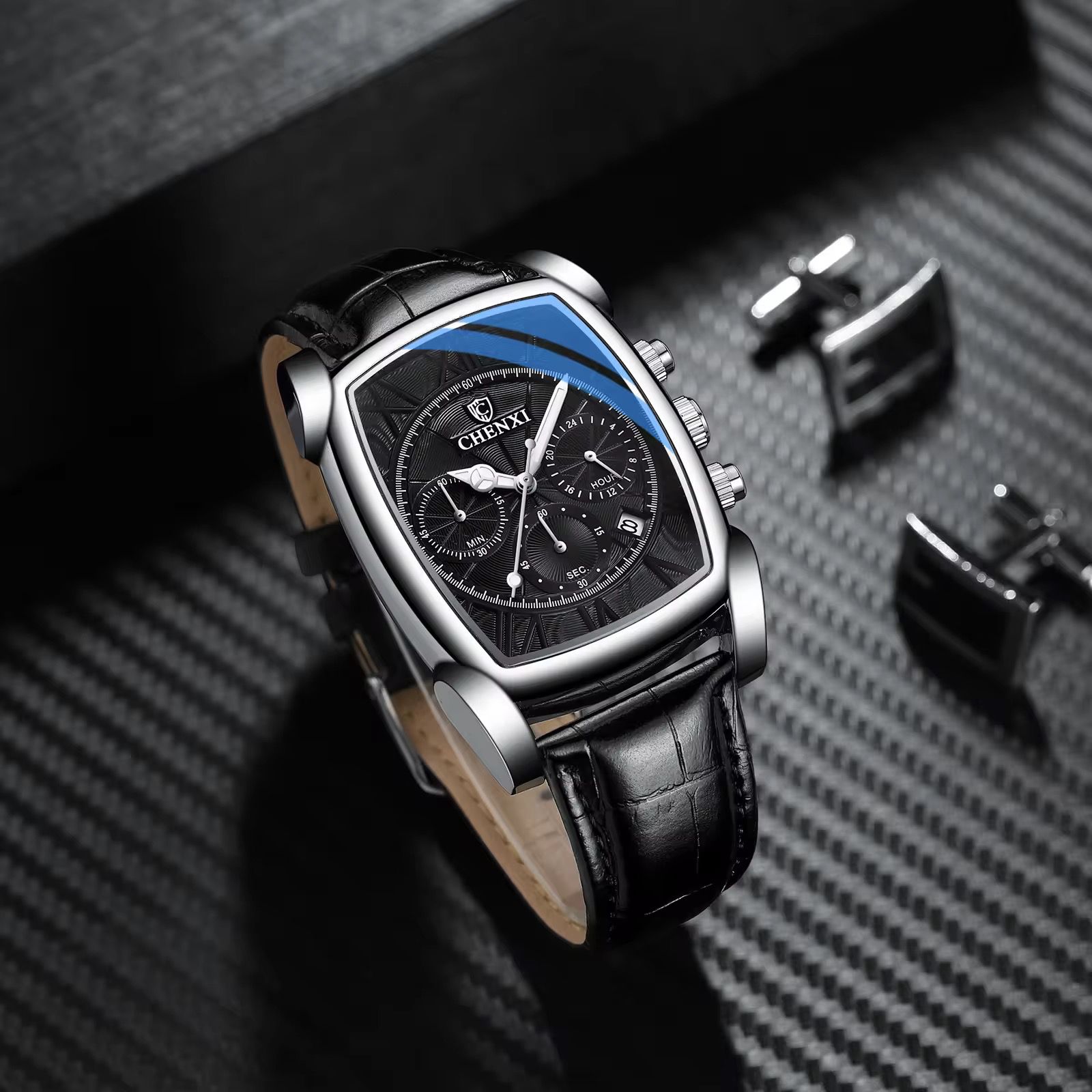 CHENXI Original Rectangle Dial Chronograph Watch Black Leather Strap by Shop2Door Store