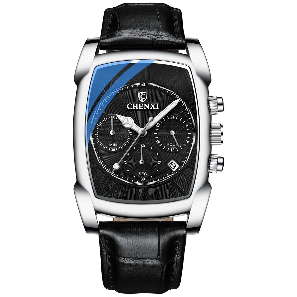 CHENXI Original Rectangle Dial Chronograph Watch Black Leather Strap by Shop2Door Store