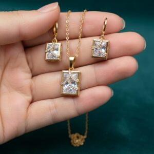 Elegant Square Zircon Locket Set | A1 Quality Rhodium Finish