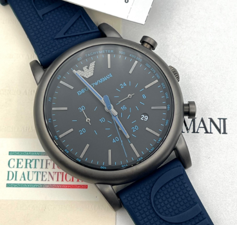 Buy Original Emporio Armani AR11023 Luigi watch in Pakistan with black dial & blue rubber strap. Premium luxury men watch with discounted price.