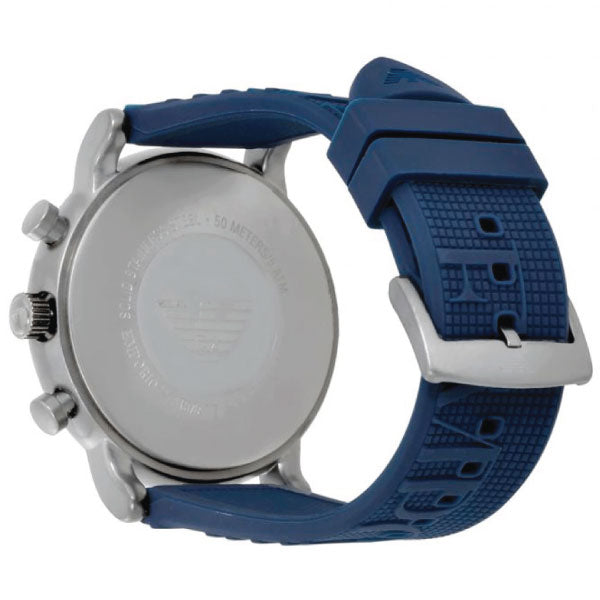 Buy Original Emporio Armani AR11023 Luigi watch in Pakistan with black dial & blue rubber strap. Premium luxury men watch with discounted price.
