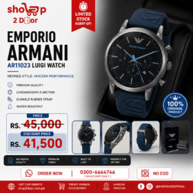 Buy Original Emporio Armani AR11023 Luigi watch in Pakistan with black dial & blue rubber strap. Premium luxury men watch with discounted price.