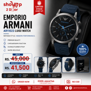 Buy Original Emporio Armani AR11023 Luigi watch in Pakistan with black dial & blue rubber strap. Premium luxury men watch with discounted price.