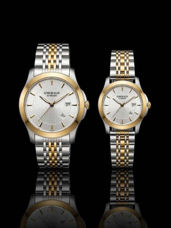 Emerald Infinity ES-9007 matching two-tone bracelet couple watches